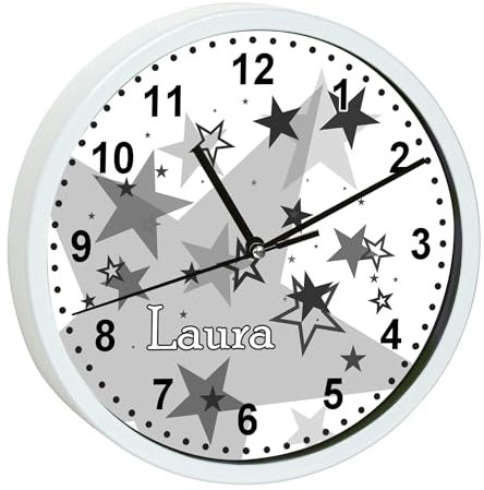 CreaDesign, Wanduhr Kinder personalisiert mit Name, Motiv Sterne grau, Rahmen Wanduhr weiß, Ø 19,5 cm