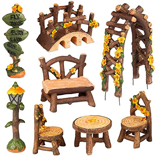 Hakkin Fairy Garden Ornaments 8Pcs Miniature Fairy Garden Accessories Waterproof Resin garden Statue Outdoor Miniature Fairy Furniture Village Street Signs Lights Bridge Arch for Dollhouse Decor