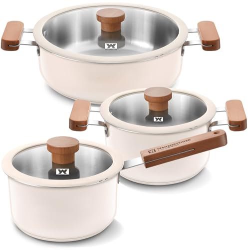 Juego de 3 sartenes y ollas de acero inoxidable con revestimiento de cerámica con tapa de vidrio templado y asas de madera, base de 3 capas con núcleo de aluminio, todas las cocinas, color beige