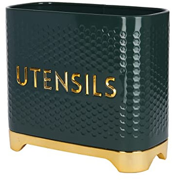 KitchenCraft Lovello Textured Kitchen Utensil Holder, 19 x 9 x 18cm – Hunter Green & Gold