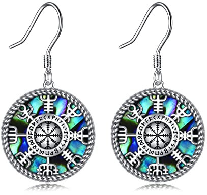 Viking Kompass Ohrringe 925 Sterling Silber Runen Vegvisir Hängend Ohrringe Abalone Shell Norwegisches Amulett Tropfen Ohrringe Schmuck Geschenke für Frauen