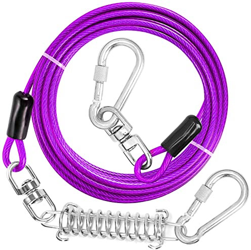 Jenico Cable de amarre para perro, 10/15/20/30/40/50/70/100/150 pies con gancho giratorio y resorte de choque, correa de perro para exteriores y camping, correa para perros pequeños a medianos de