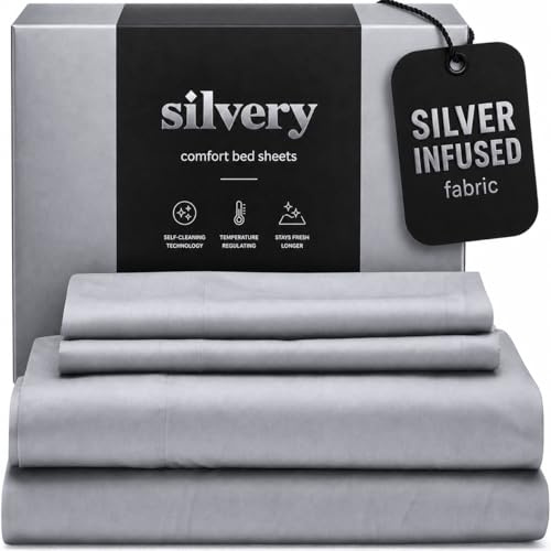 Silvery Silver Infused Bed Sheets Set - Ultra-Soft Temperature-Regulating Fabric with Self-Cleaning Technology™ That Stays Fresh 3X Longer for Hygienic Sleep (Gray, Queen)