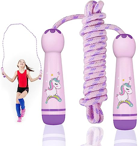 TZQFROCE Corda per Saltare Bambini Unicorno Speed Rope Animato corda per saltare ragazze corda saltare viola manico legno corda per saltare regolabile 260cm per 6 8 10 anni Allenamento Fitness