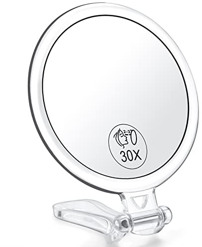 AMISCE Miroir grossissant x 30, Miroir de Voyage – Miroir à Main Double Face avec grossissement 1x 30x et poignée/Support réglable, Petit Miroir de Maquillage Portable, Cadeau pour Fille et Femme