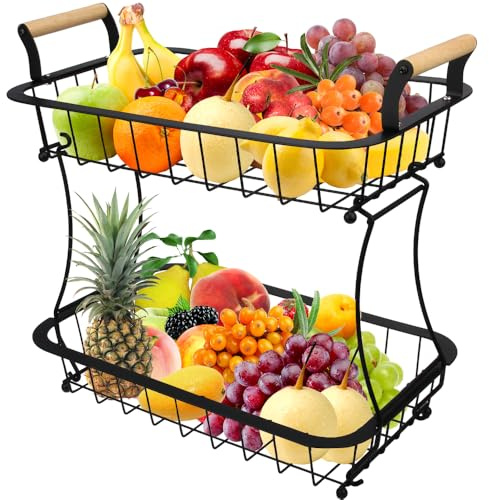 TINMIX 2-stöckiger Obstkorb Obstkörbe Gemüseregal Arbeitsplatte Obstschalen Obstregal aus Metall Küchenzubehör Aufbewahrungskorb Obstständere (Schwarz)