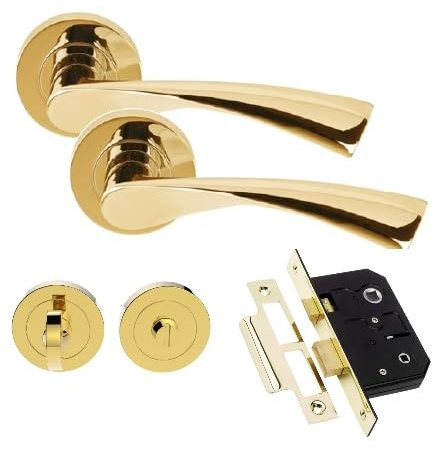 Golden Grace Astrid Bathroom Door Handles Set, 2.5, Polished Brass | Includes matching thumbturn, spindle and screws, offering a tidy concealed look to reinforce home bathroom security.