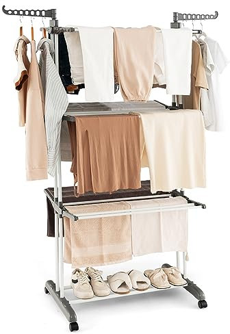 HOMASIS Séchoir à Linge Pliable à 4 Niveaux avec Roues, avec 2 Ailes Latérales Rotatives, Étendoir à Linge avec Sèche-Pieds Extensible pour Intérieur et Extérieur, 127 x 63 x 171 cm (Gris)