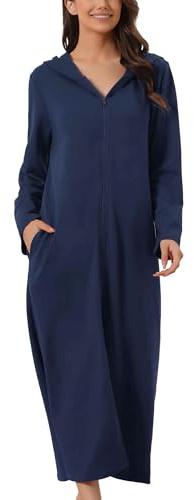 cheibear Damen Robe mit Reißverschluss vorne und Kapuze Hauskleid Nachthemd Hausmantel Kapuzenpullover langer Loungewear Bademantel Navy blau L