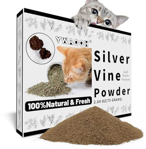 YWAOOH Cat Toys - Silvervine Powder 75g with 5 Little Pouches, Catnip Alternative, 100% Natural Silver Vine Gall Fruit Powder, Matatabi Cat Toy for Training & Playing, Suitable for All Cat Ages