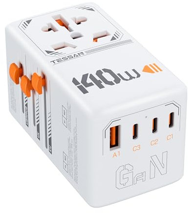 TESSAN Universal Travel Adapter Worldwide 140W, GaN International Plug Adaptor with 1 USB A and 3 USB C Charging Ports, Power Outlet for US to Europe UK AUS Ireland(Type C, G, A, I), White