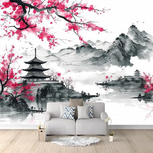Style de Peinture à L'encre Orientale Photo Murale - Fleurs De Cerisier Japonais Sur Fond Blanc Thème Papier Peint 300 x 210 cm for Boys' and Girls' Nursery, Baby Bedroom Decor Papier Peint