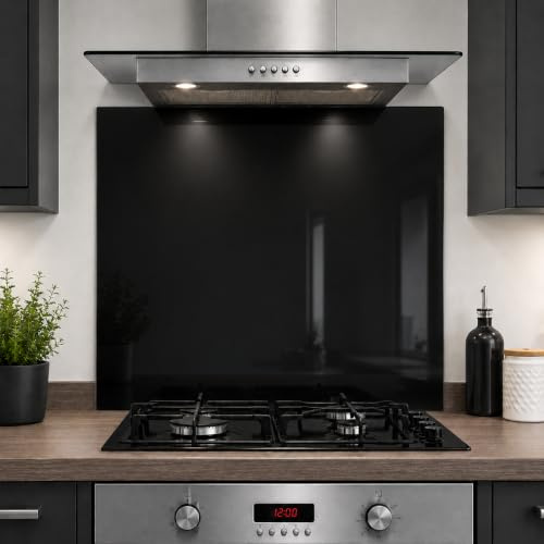 Black Glass Kitchen Splashback – 6mm Toughened Heat-Resistant Glass, Polished Edges, Easy-Clean Hob & Cooker Splashback (60 x 75cm)