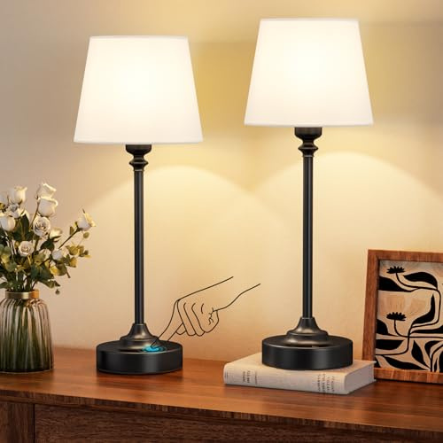 PreeOtti Tischlampe Kabellos 2er Set, Touch LED Nachttischlampe Akku, Stufenlos Dimmbar, Weißer Leinenschirm, Wiederaufladbar Lampe mit USB-C Anschluss für Nachttisch Esszimmer Wohnzimmer(Schwarz)