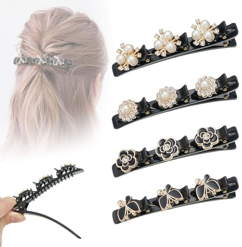 4 Stück geflochtene Haarspangen mit Strasssteinen,Haarspangen mit funkelnden Kristallsteinen,Haarstyling-Clips, doppellagige Haarspange mit Strasssteinen für Damen und Mädchen(Rose-Style4)