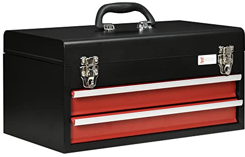 DURHAND Caja de Herramientas de Acero con 2 Cajones Tapa Abatible Bandeja Superior Cierres Metálicos y Asa Maletín de Herramientas Portátil para Taller Bricolaje Hogar 46x24x22 cm Negro