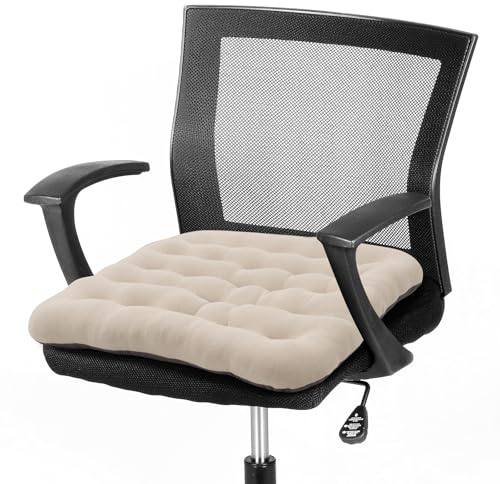 BUYUE Good Support Office Chair Cushion Padded, Soft Velvet Comfortable Non-Slip Seat Cushion for Computer Desk Kitchen Chair (1 Count, Beige)