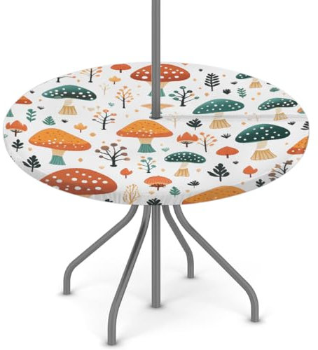 Woltant Tovaglia rotonda con foro per ombrellone e cerniera, facile da pulire, con bordi elastici, protezione per tavolo da giardino, patio, barbecue (foglia di fungo)
