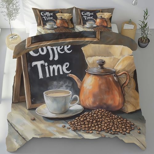 Meugesoi Kaffeebohnen Kaffee Bettbezug 135x200 cm mit 2 Kissenbezüge 80x80 cm, Vintage Aquarell Bettwäsche 3-Teilig mit Reißverschluss Bügelfrei, Bettwäsche Set Mikrofaser Weich