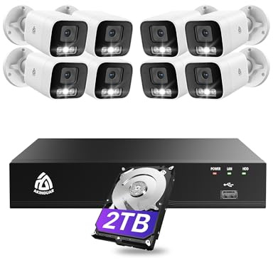 Akinguar 5MP Überwachungskamera Aussen Set, Videoüberwachung mit 4K 8CH 2TB HDD POE NVR & 8X 5MP PoE IP Kamera, Personen/Fahrzeugerkennung, 2-Wege Audio, Farbige Nachtsicht, Alarm mit Scheinwerfer