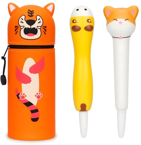 BBWELL 2-in-1 Weiche Silikontasche,Kawaii Silikon Federmäppchens,Kawaii Federmäppchen,Cartoon Federmäppchens,Mäppchen Tiere,Stifthalter Bleistifttasche Mädchen Junge (Tiger)