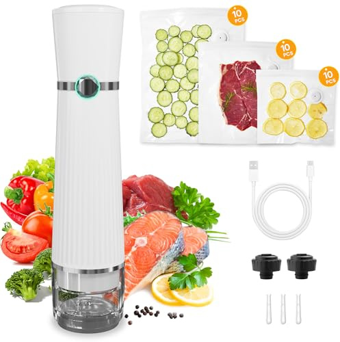 Sunvivi Portable Vacuum Sealer Machine for Food Storage & Preservation – Automatic Air Sealing System with Reusable Bags & Kitchen Accessories – Handheld Food Saver for Home, Sous Vide, White