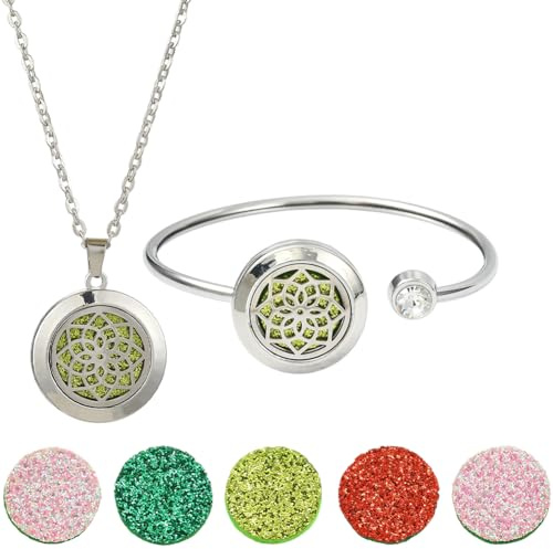 SUNNYCLUE 1 x Halskette Mit Ätherischen Ölen 1 x Diffusor Armbänder Mit Ätherischen Ölen Und 10 x Nachfüllpads Aromatherapie Medaillon Anhänger Aus Edelstahl Armbänder Halsketten Diffusor Schmuck Für