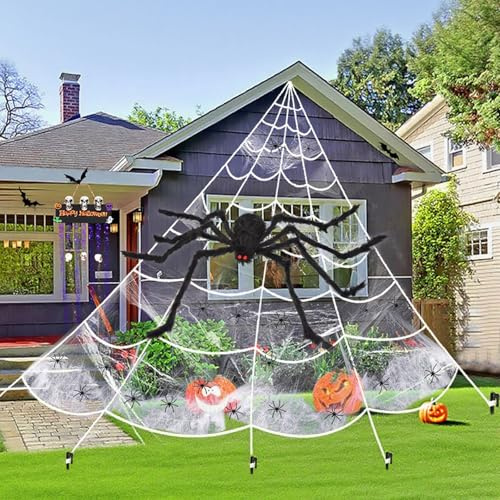 Ragnatele Gigante Halloween Decorazioni Set, Ragno Gigante Halloween 150cm + Ragnatele Gigante 700cm + 20 Mini Ragni + 40g Cotone Ragno per Halloween Decorazioni Giardino Casa Stregata Feste