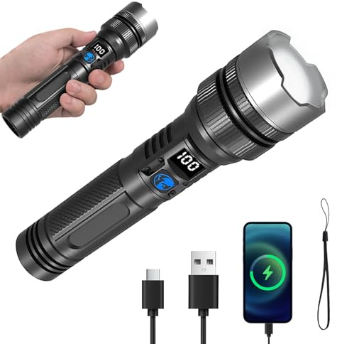 Kenmohuo LED Torch Rechargeable Type-C, 2025 The Ultimate Survival Flashlight, IPX7 Waterproof Rechargeable Super Bright Zoomable LED Flash Light, for Camping Essentials Emergency
