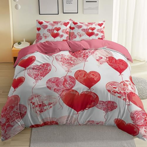 Pêche Housse de Couette Réversible 200 x 200 cm, Ballon Romantique en Forme De Cœur Imprimé Doux et Respirant Microfibre Parure de Couette avec Fermeture Éclair pour Enfant Ado et Adulte