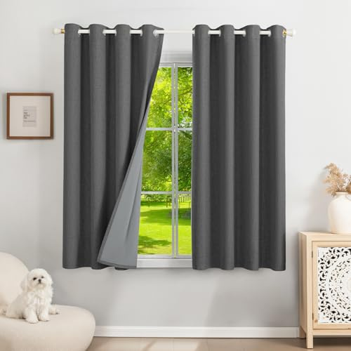 Runyéla 100% Verdunklungsvorhänge Leinen Gardinen mit Ösen 2er Set, Thermovorhang Hitzeschutz H 145 x B 140, Leinenoptik Vorhänge Blickdicht Grau Schallschutz für Schlafzimmer Wohnzimmer