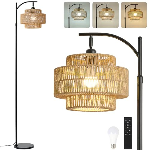 Giutna Boho Rattan Floor Lamp with Hand-Woven Wicker for Living Room,Modern 3-Tier Tall Floor Lamp with 3 Color Temperatures Remote & Dimmable 9W Bulb for Dining Room Bedroom Office Hotel(Brown)