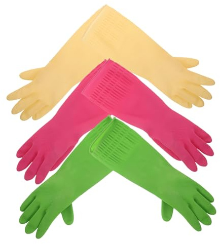 FRCOLOR 3 Pairs Reusable Thickened Latex Kitchen Gloves Non Slip Dishwashing Mitts with Full Hand and Arm Protection Hypoallergenic Household Cleaning Gloves Green Pink Natural