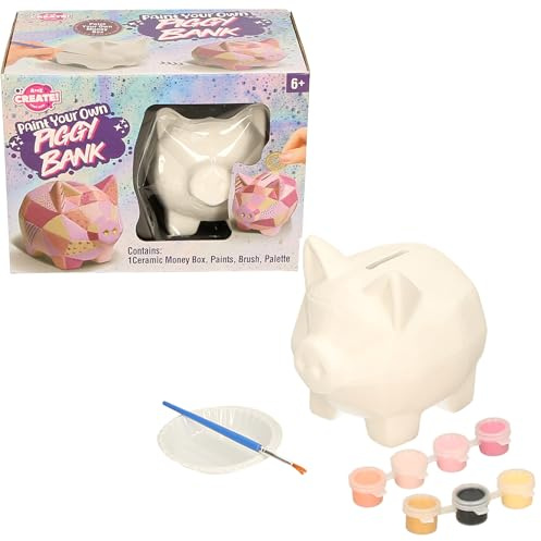 Paint Your Own Piggy Bank Craft Kit, Ceramic Money Box with Paints, Brush and Palette, Ages 6+