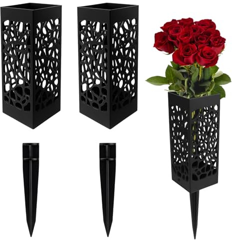 2 Pcs Grave Flower Pots, Memorial Vases for Graves with Spike, Cemetery Flower Holders, Grave Ornaments, Graveside Flower Vases, Square Shape for Fresh or Artificial Flowers