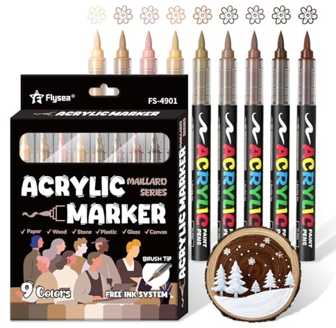 Alitastro 9 Maillard Series Paint Pens Waterproof Brush Tip Acrylic Markers | Quick Dry, Fade Resistant, Water Based Marker Pens for Rock Painting, Wood, Ceramic, Acrylic Paint Markers for Egg Pumpkin