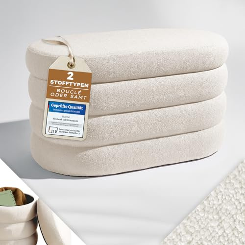 Blumtal Sitzbank mit Stauraum oval, Bouclé-Bezug - robuste Sitztruhe mit Stauraum & Bouclé-Stoff-Bezug 76 x 42 x 42.5 cm - Fusshocker gepolstert für Sessel - Pouf Creme