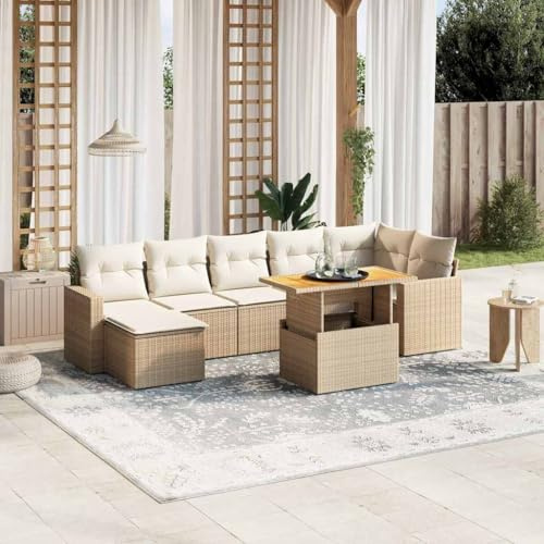 QJBSAVVA 8-TLG. Gartenmöbel-Set Beige Poly-Rattan 100x55x44/73 cm Eck-Mittel-Sofa mit höhenverstellbarem Couch-Esstisch platzsparendes Lounge-Set für Balkon Garten Terrasse