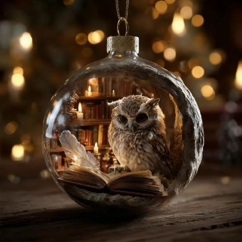 Weihnachtskugel-Kollektion, Kristallglas-Ornament-Set mit Naturvögeln, 2026 niedliche 3D-Eule Tier beim Lesen Weihnachtsbaumschmuck, für Weihnachtsbaum Gedenkgeschenke, Raumdekoration (1 Stück)