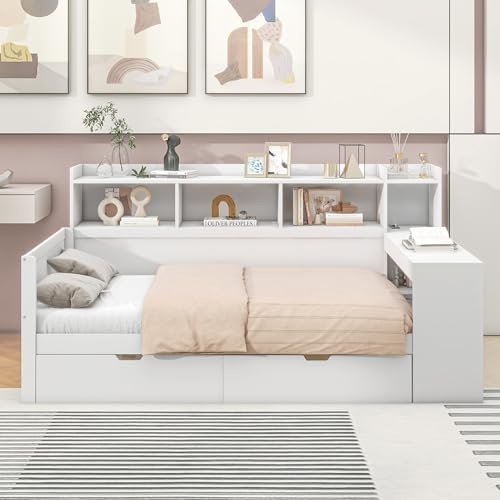 Hmdpoo Cama Individual con Escritorio, 90 x 200 cm, Blanco, Tablero de Partículas, con 2 Cajones y Puerto, Multifuncional para Dormitorio, 229.5 x 121.8 x 110 cm