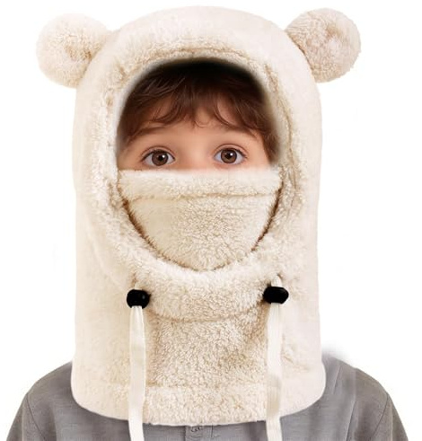 Nudorpn Kids vinterpannband, fleece stickad mössa, plysch termiska huvor halsvärmare – för barn utomhus sport skidor snowboard cykel skola, Beige