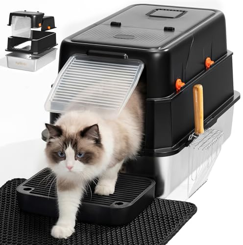 Stainless Steel Cat Litter Tray with Lid, XL, 59x38x39 cm | 180° Flip-Top Lid, Easy to Clean, Include Metal Scoop, Mat, Entry Step and Brush