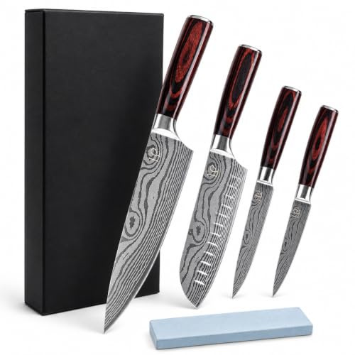 LEERAL CARE Set de 4 Couteaux Japonais avec Pierre à Aiguiser – Chef, Santoku, Utilitaire, Office – Motif Damas – Manche Bois Pakka – Coffret Cadeau à offrir