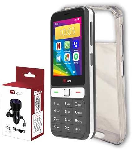 TTfone TT280 – Simple 4G Dual SIM Bar Phone with Android, 2.8 Touchscreen, Keypad, 2MP Camera, USB-C - Easy to Use Unlocked Mobile with Original Silicone Clear Case and 12V In Car Charger