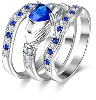 Dam Blue Heart Irish Claddagh Ringar Stapling Förlovningslöfte Ringar 3 delar Set HR314