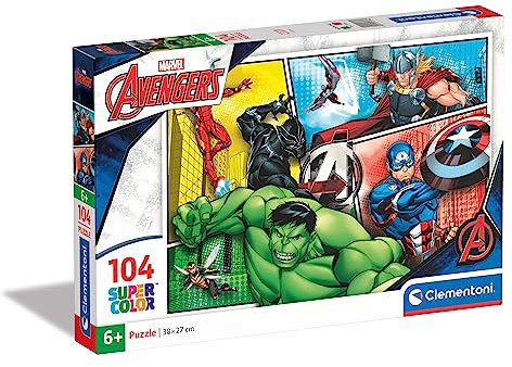 Clementoni 27284 Supercolor The Avengers – Puzzle 104 Teile ab 6 Jahren, buntes Kinderpuzzle mit besonderer Leuchtkraft & Farbintensität, Geschicklichkeitsspiel für Kinder