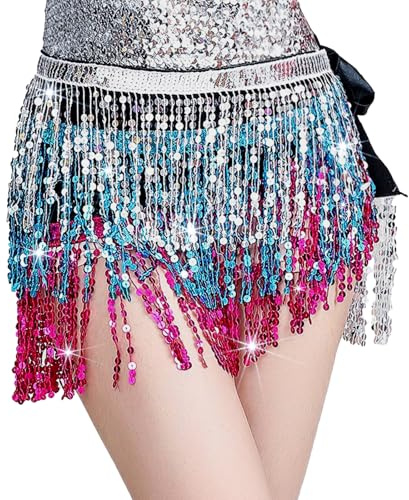 Paljett tofs kjol magdans höfthalsduk festival klubb sommar strandsjal minikjolar Silver/Blue/Rose En storlek
