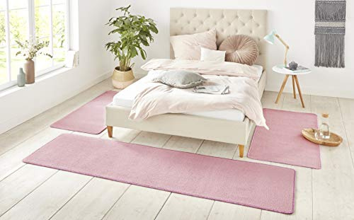 Hanse Home Nasty Teppich Bettumrandung 3-teilig – Bettvorleger Bettläufer Teppichläufer Kurzflor Einfarbig Unifarben Läufer-Set für Kinderzimmer Schlafzimmer, Uni Hellrosa, 2X 70x140cm 1x 70x240cm