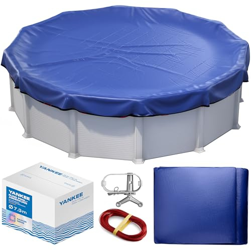 Yankee Poolabdeckung rund für 690–730 cm Pools, Ø 850 cm Planenmaß | 200g/m² PE, zweifach beschichtet, reißfest und UV-beständig, blau, für Sommer und Winter