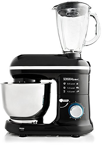 Sensio Home 2-in-1 Food Processor Blender & Stand Mixer Machine - 1300W Electric Motor - Dough Hook, Whisk, Beater, Splash Guard, 6-Speed - 4.5 Litre Stainless Steel Mixing Bowl - 1.5L Glass Jug